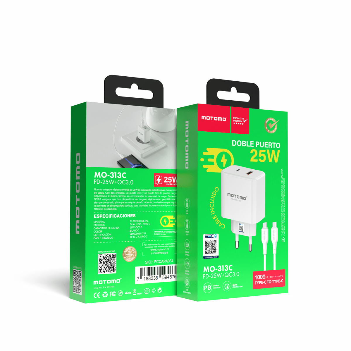 CARGADOR CERTIFICADO MOTOMO DOBLE PUERTO 25W CARGA RAPIDA